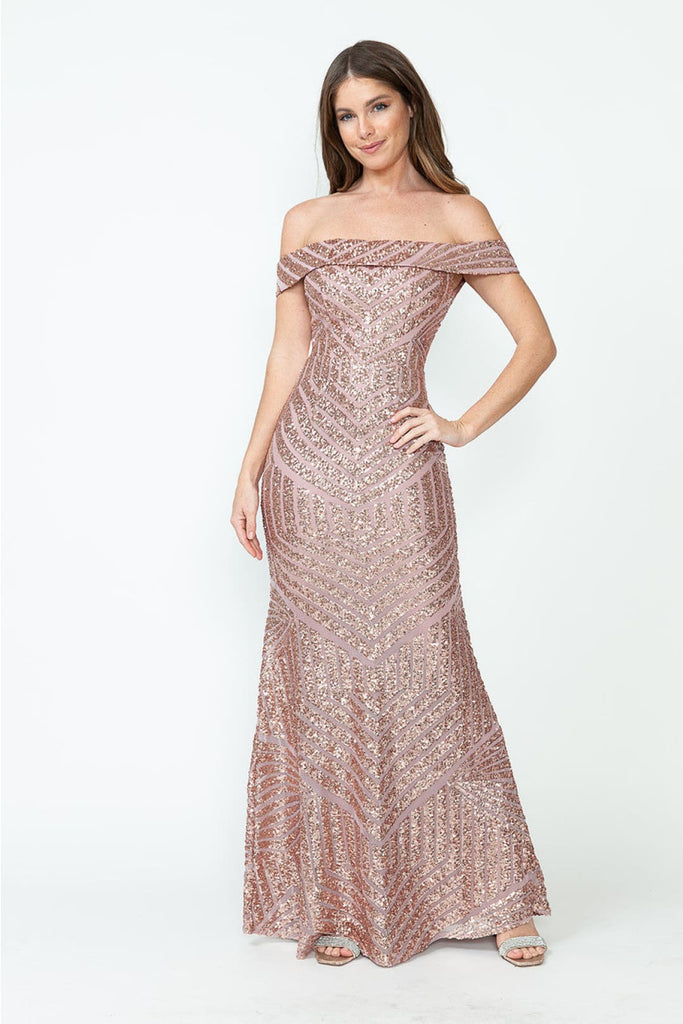 LENOVIA 5224 Off Shoulder Sequined Long Formal Dress - MAUVE / XS - Dress