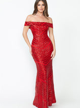 LENOVIA 5224 Off Shoulder Sequined Long Formal Dress
