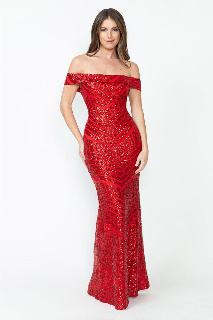 LENOVIA 5224 Off Shoulder Sequined Long Formal Dress - RED / XS - Dress