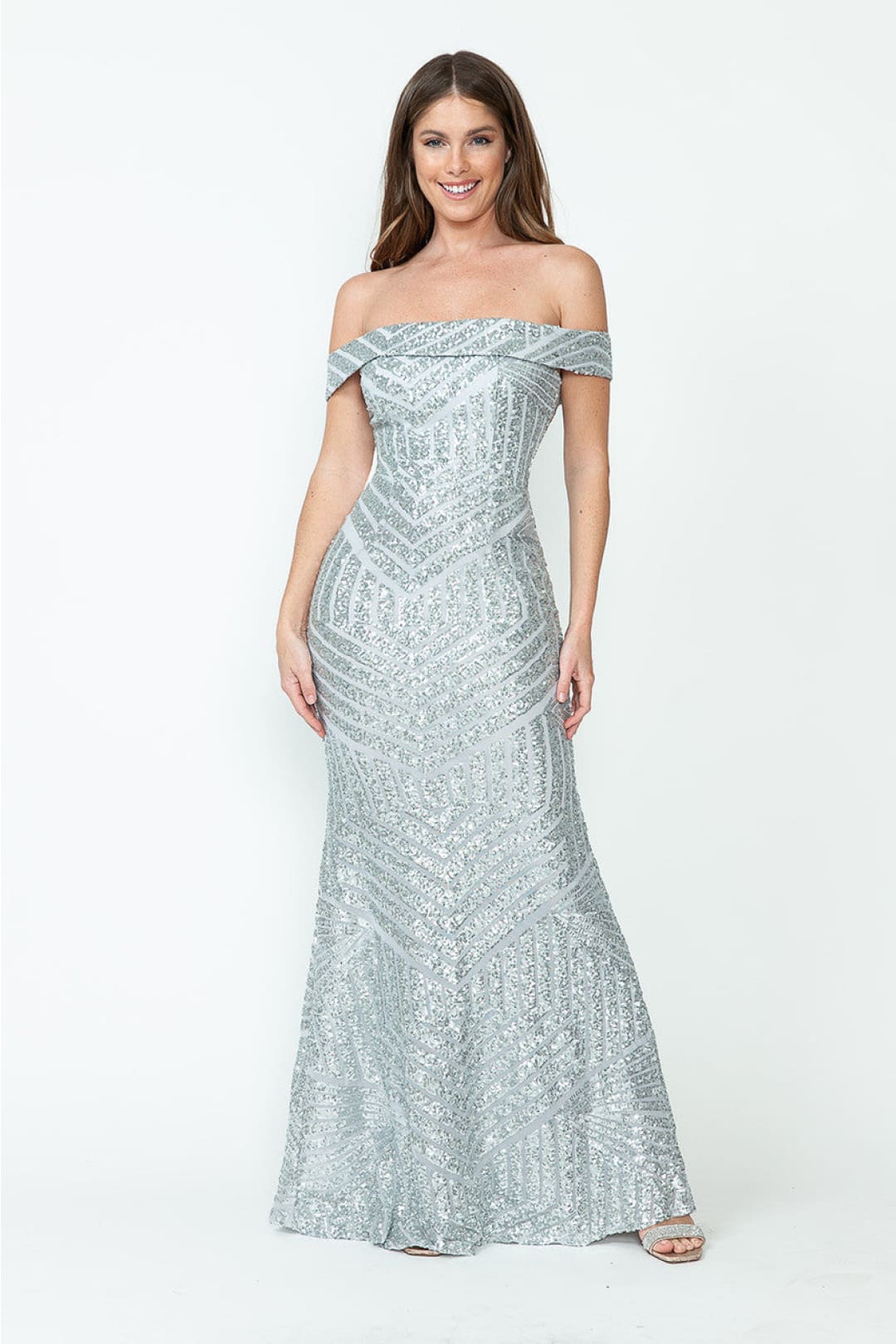 LENOVIA 5224 Off Shoulder Sequined Long Formal Dress - SILVER / XS - Dress