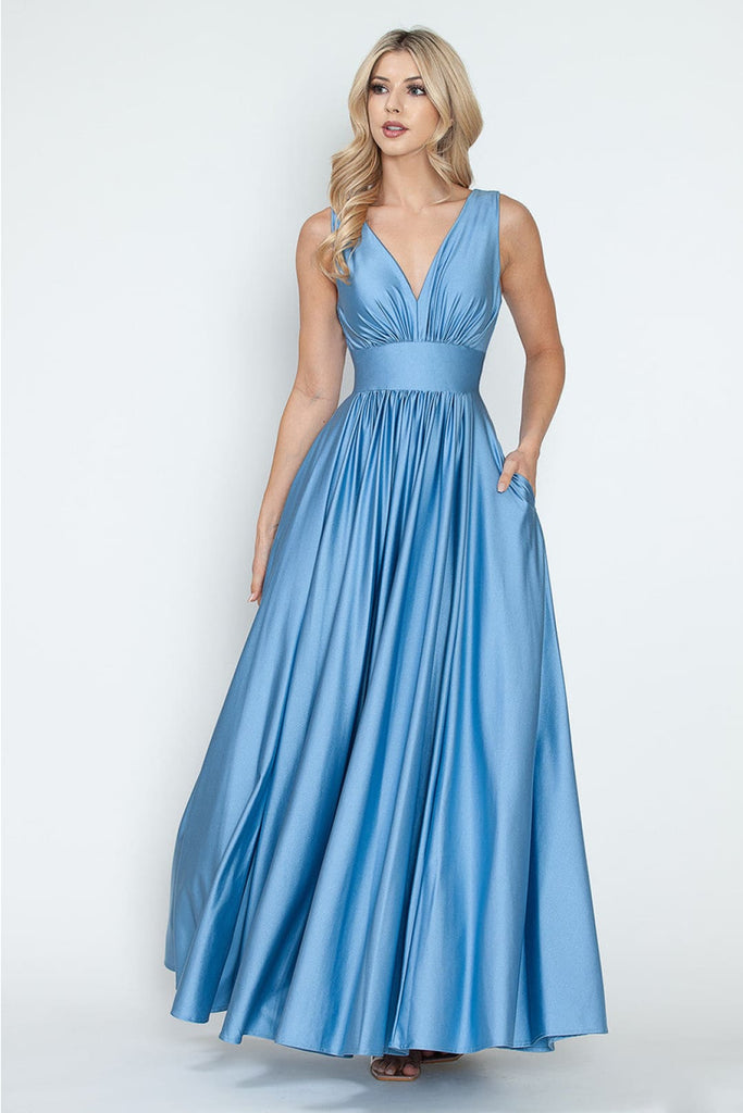 Lenovia 5232 Sleeveless Flared Simple Side Pocket Bridesmaids Dress - PERRY BLUE / S - Dress