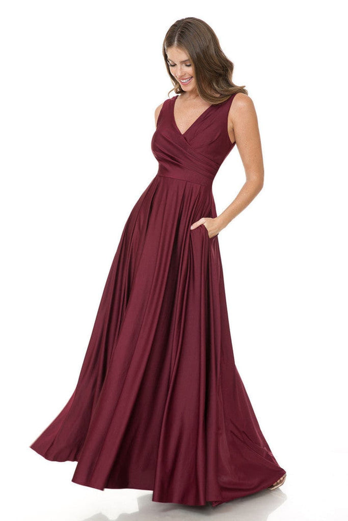 Lenovia 5242 Side Pockets A-line Shiny Formal Gown - BURGUNDY / S - Dress