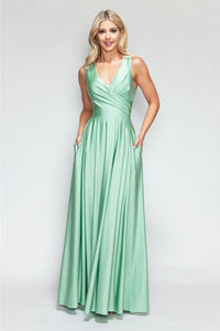 Lenovia 5242 Side Pockets A-line Shiny Long Simple Formal Evening Gown - SAGE / S - Dress