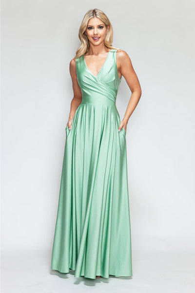 Lenovia 5242 Side Pockets A-line Shiny Long Simple Formal Evening Gown - SAGE / S - Dress