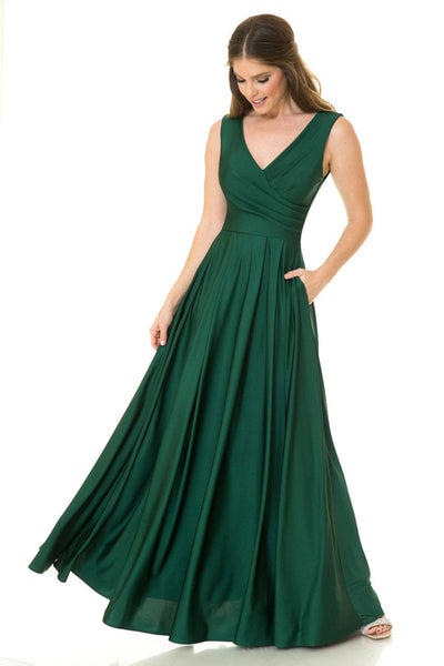 Lenovia 5242C V-neck Long Bridesmaids Simple Flowy Gown - S / HUNTER GREEN - Dress