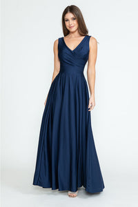 Lenovia 5242C V-neck Long Bridesmaids Simple Flowy Gown - S / NAVY BLUE - Dress