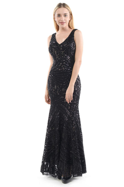 Lenovia USA 5150 V-Neck Mermaid Sequined Long Evening Prom Dress - BLACK / XS - Dress