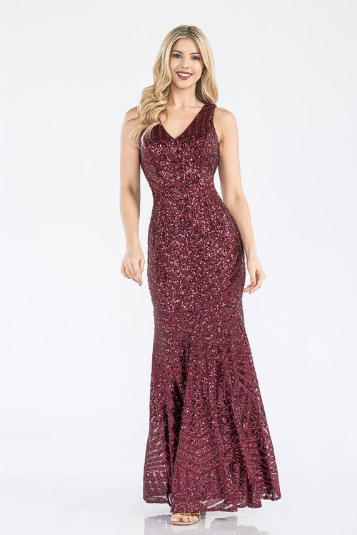 Lenovia USA 5150 V-Neck Mermaid Sequined Long Evening Prom Dress - BURGUNDY / XS - Dress