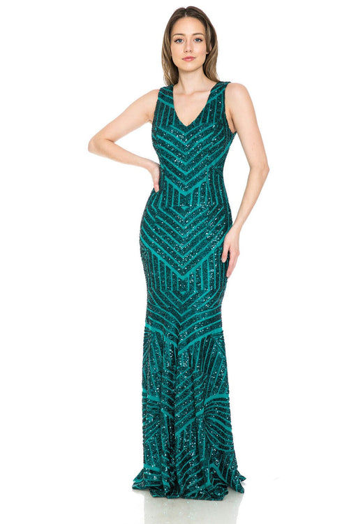 Lenovia USA 5150 V-Neck Mermaid Sequined Long Evening Prom Dress - HUNTER GREEN / XS - Dress