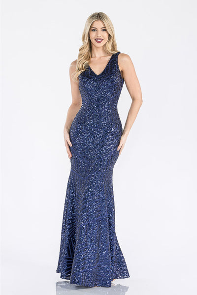 Lenovia USA 5150 V-Neck Mermaid Sequined Long Evening Prom Dress - NAVY BLUE / XS - Dress