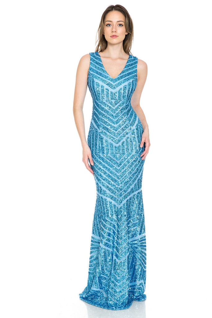 Lenovia USA 5150 V-Neck Mermaid Sequined Long Evening Prom Dress - POWDER BLUE / XS - Dress