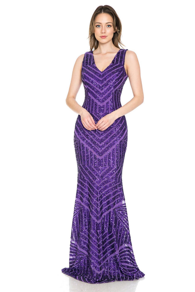 Lenovia USA 5150 V-Neck Mermaid Sequined Long Evening Prom Dress - PURPLE / XS - Dress