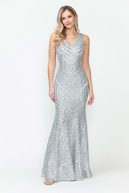 Lenovia USA 5150 V-Neck Mermaid Sequined Long Evening Prom Dress - SILVER / XS - Dress