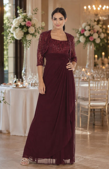 Clearance Burgundy Size XL Long Mother Of The Bride Lace Chiffon Jacket Dress By Eva USA 3094