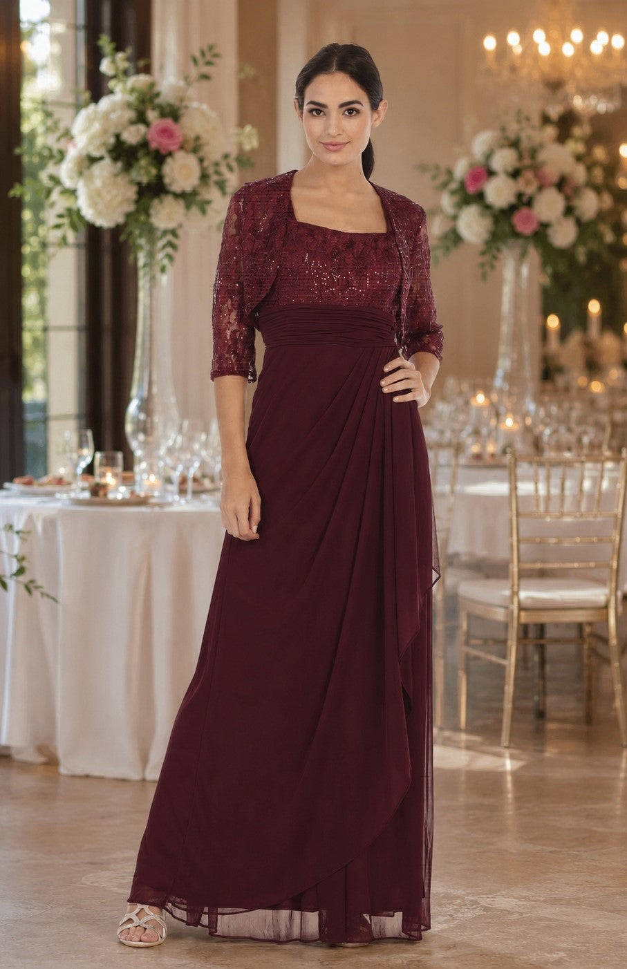 burgundy mother of the bride dress with jacket Mother Of The Bride Chiffon Jacket Dress By 3094
