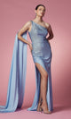 Narianna-Beaded Long One-Shoulder Cape Formal Dress