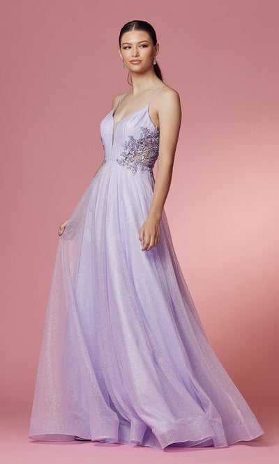Narianna-Embroidered Sheer-Back Long Glitter Prom Dress