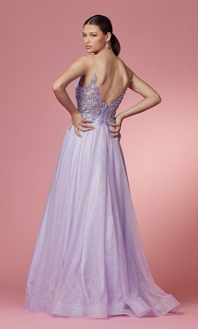 Narianna-Embroidered Sheer-Back Long Glitter Prom Dress