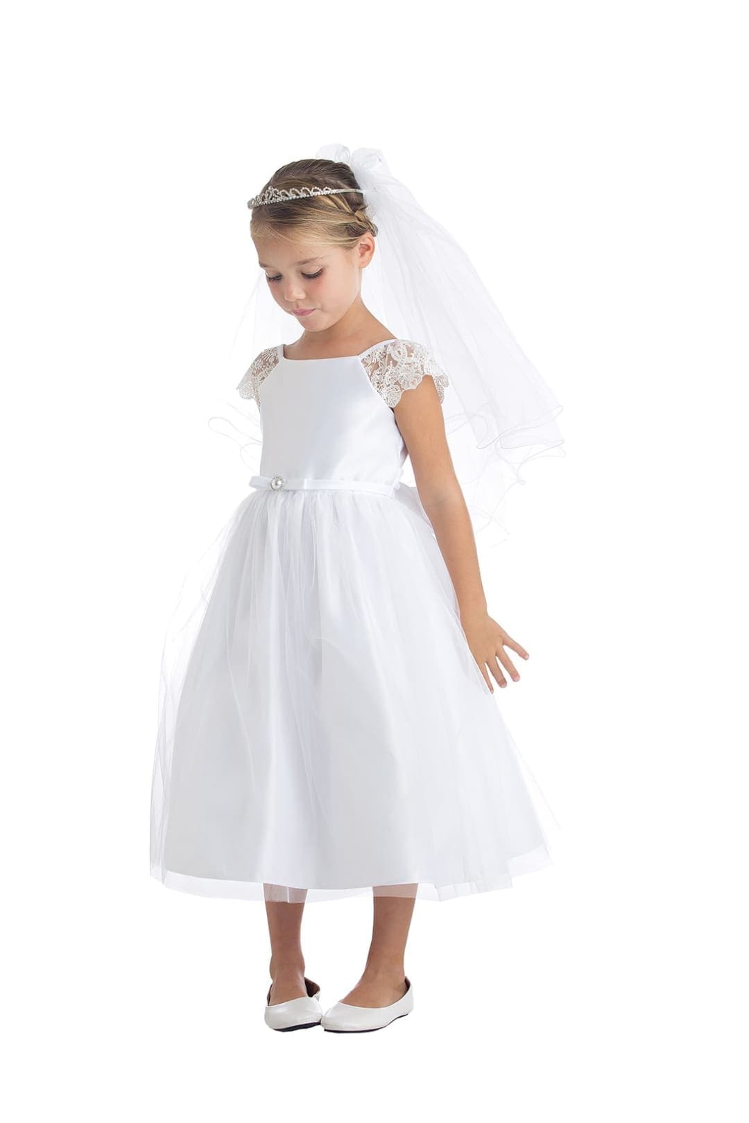 Little Girl Lace & Pearl Dress - LAK621 - White / S