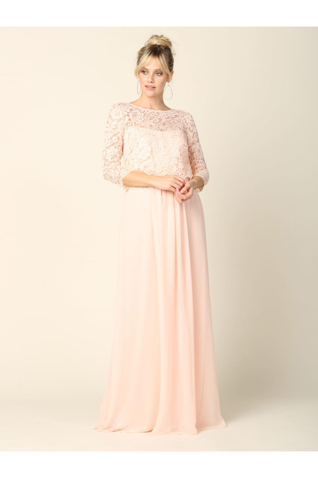 Long 3/4 Sleeve Mother of the Bride Chiffon Dress - The Dress Outlet