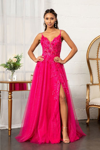 Long 3D Floral Slit Dress by Elizabeth K GL3034 - XS / Fuchsia - Long Formal Dresses