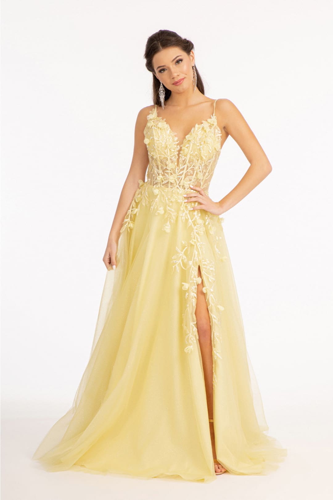 Long 3D Floral Slit Dress by Elizabeth K GL3034 - XS / Yellow - Long Formal Dresses