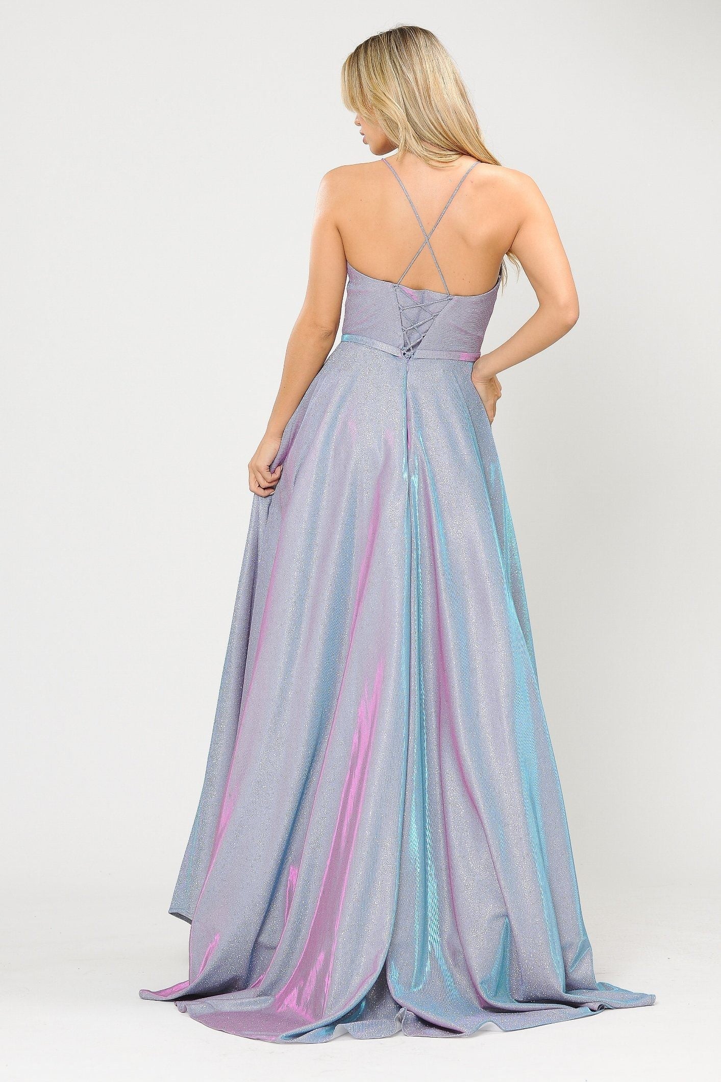 Vestido largo de corte A con purpurina y espalda de corsé de Poly USA 8436