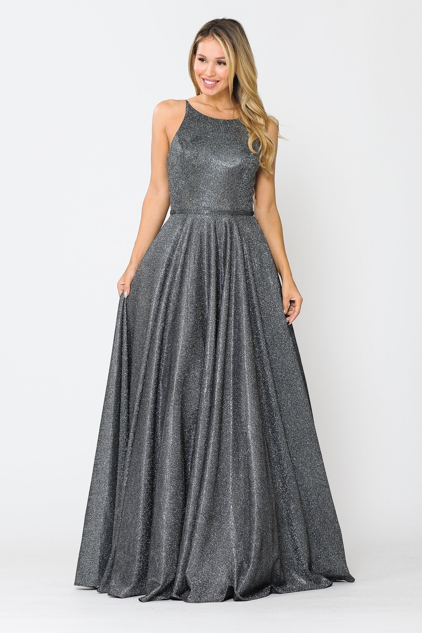 Vestido largo de corte A con purpurina y espalda de corsé de Poly USA 8436