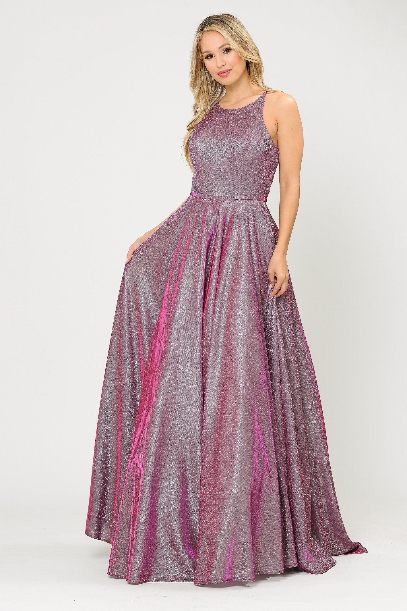 Vestido largo de corte A con purpurina y espalda de corsé de Poly USA 8436