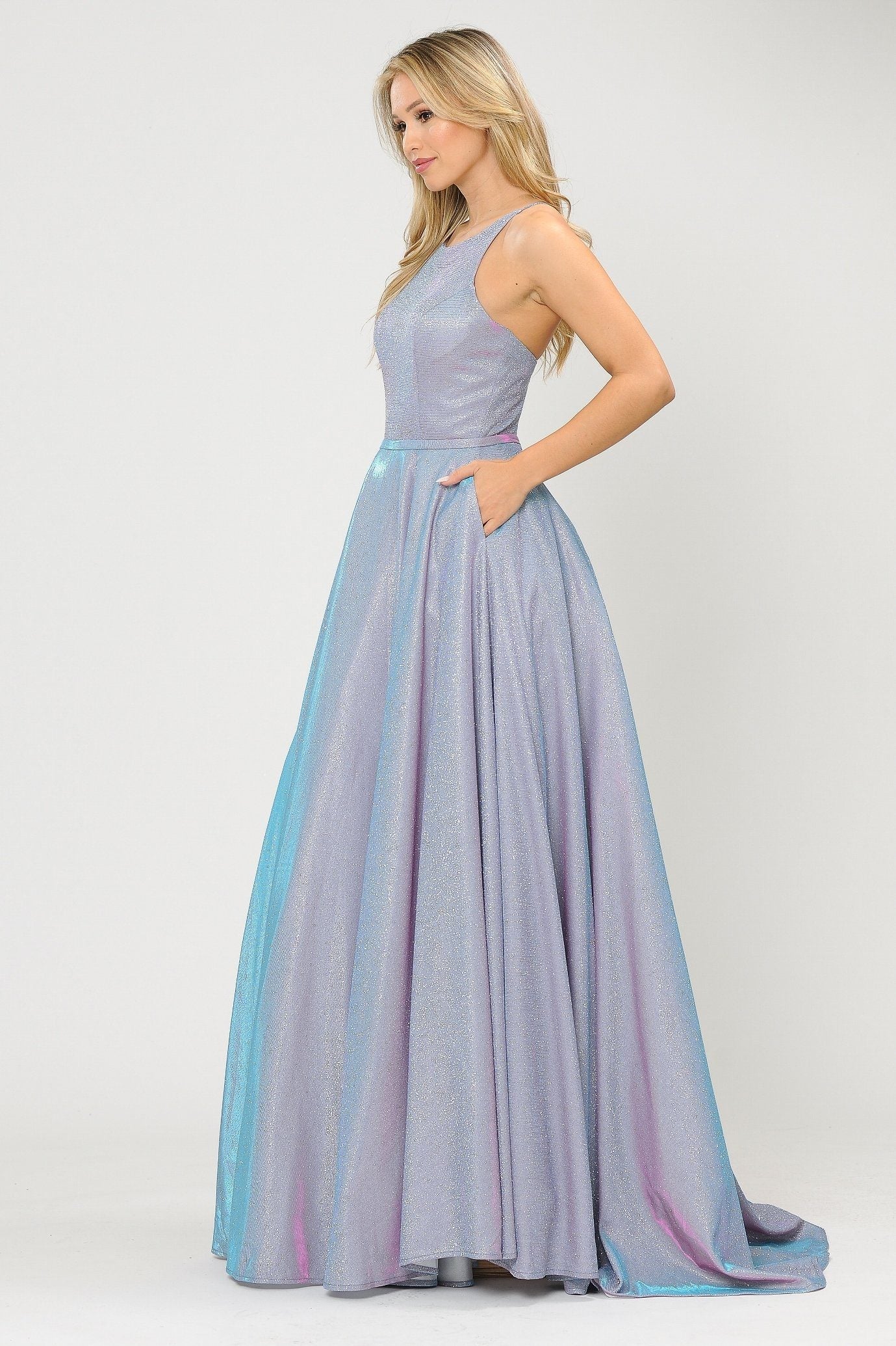 Vestido largo de corte A con purpurina y espalda de corsé de Poly USA 8436