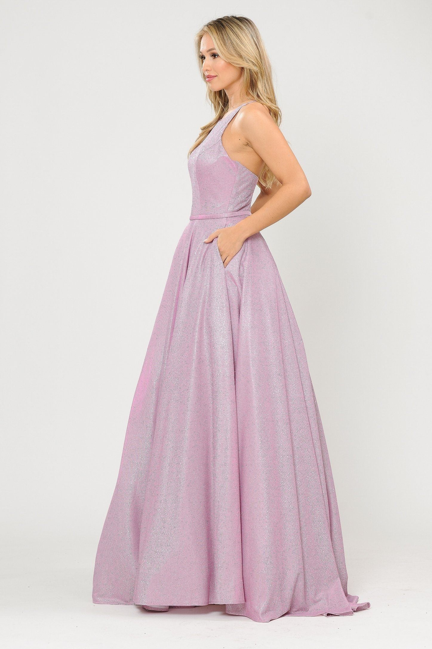 Vestido largo de corte A con purpurina y espalda de corsé de Poly USA 8436