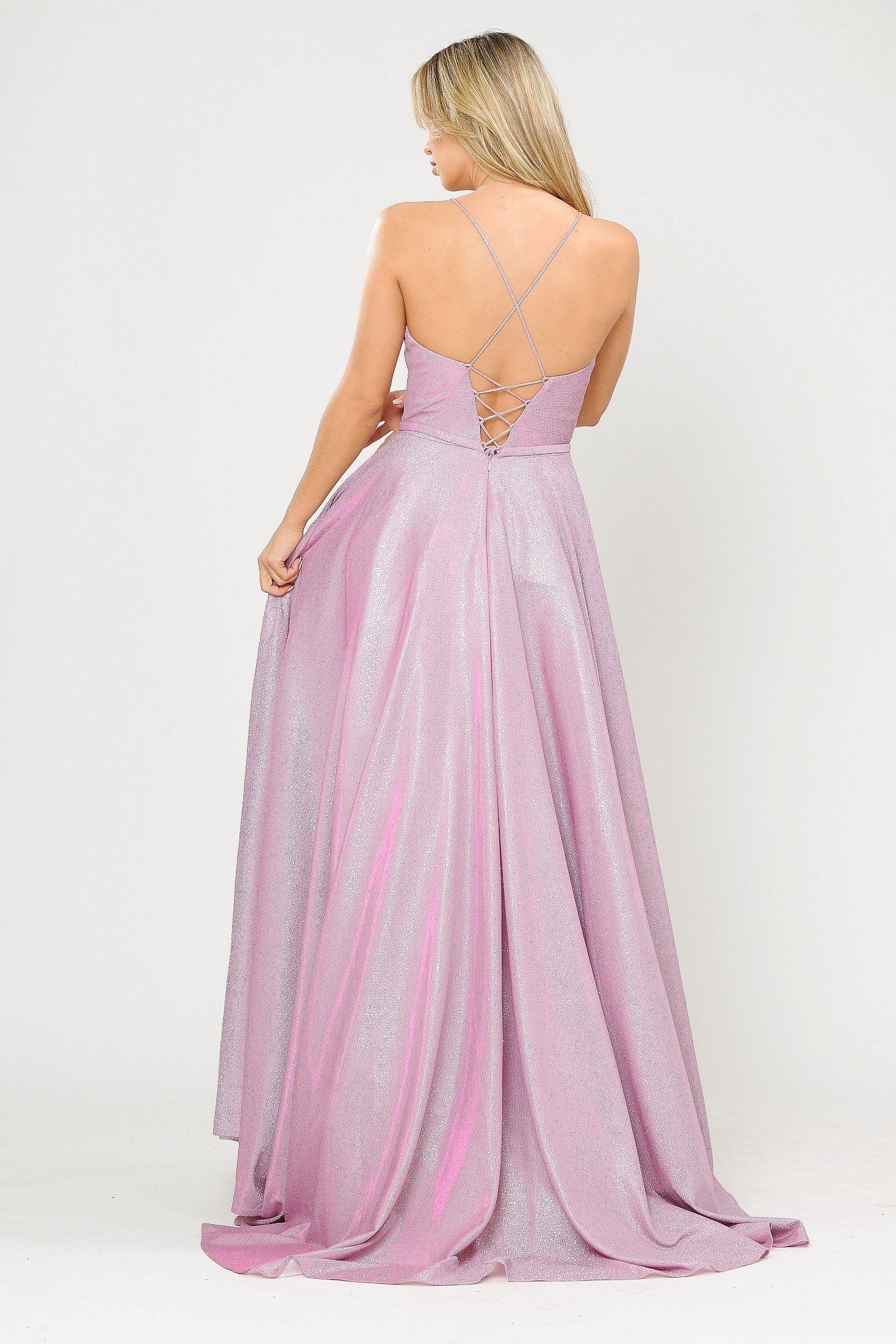 Vestido largo de corte A con purpurina y espalda de corsé de Poly USA 8436