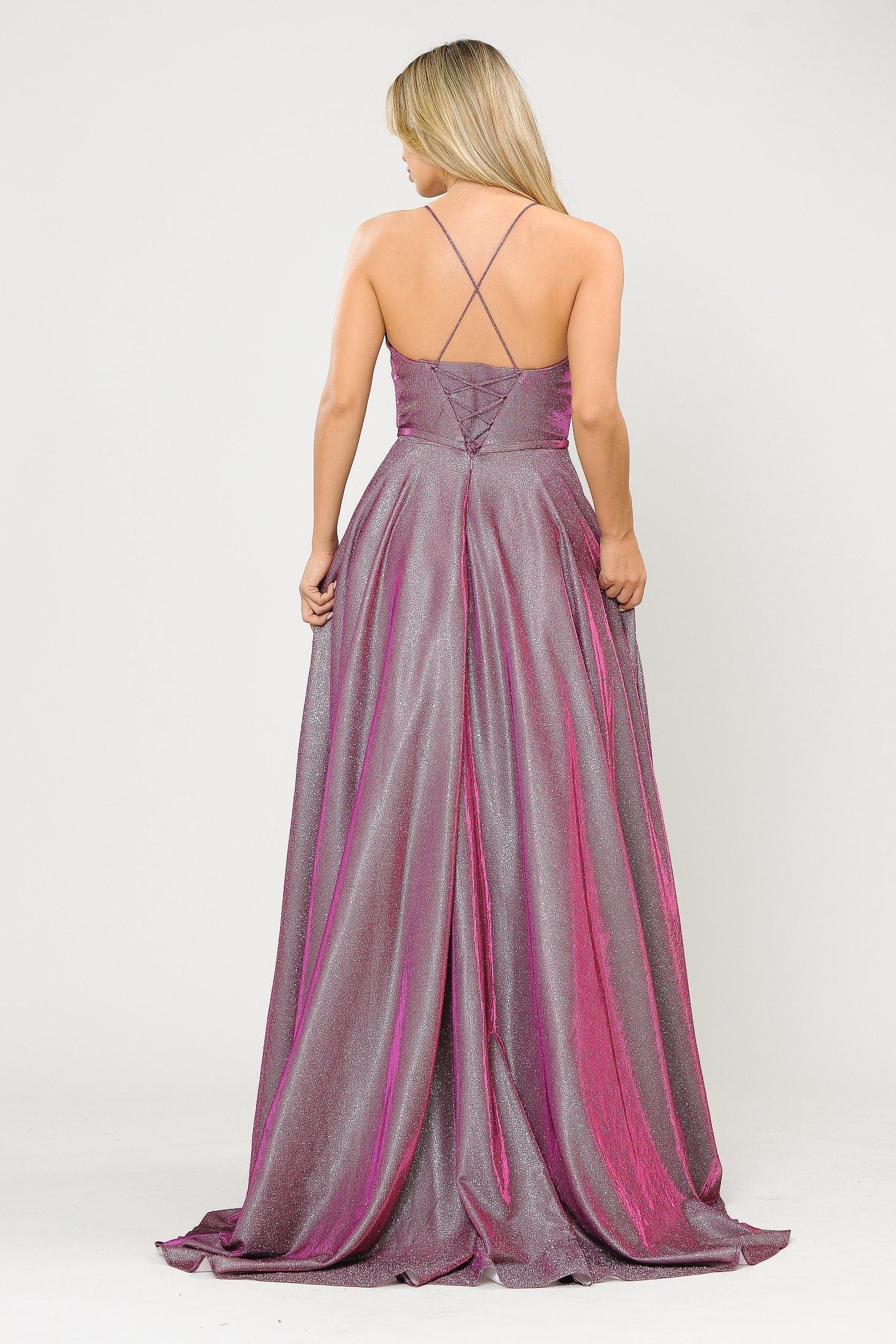 Vestido largo de corte A con purpurina y espalda de corsé de Poly USA 8436