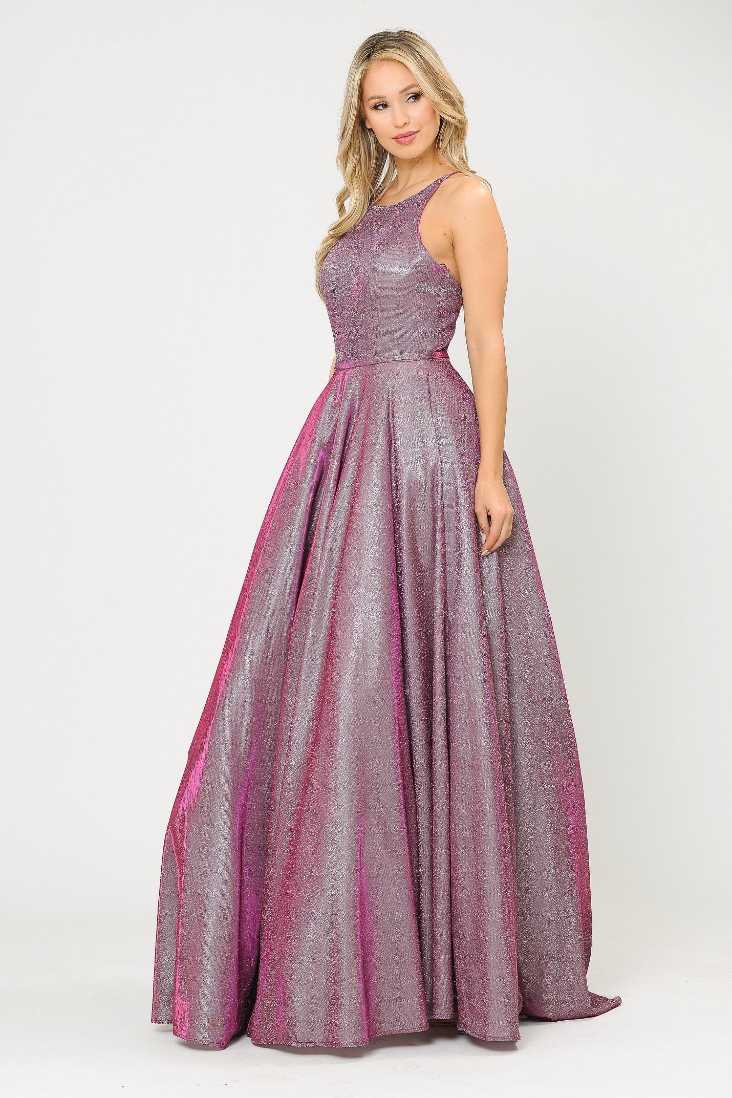 Vestido largo de corte A con purpurina y espalda de corsé de Poly USA 8436