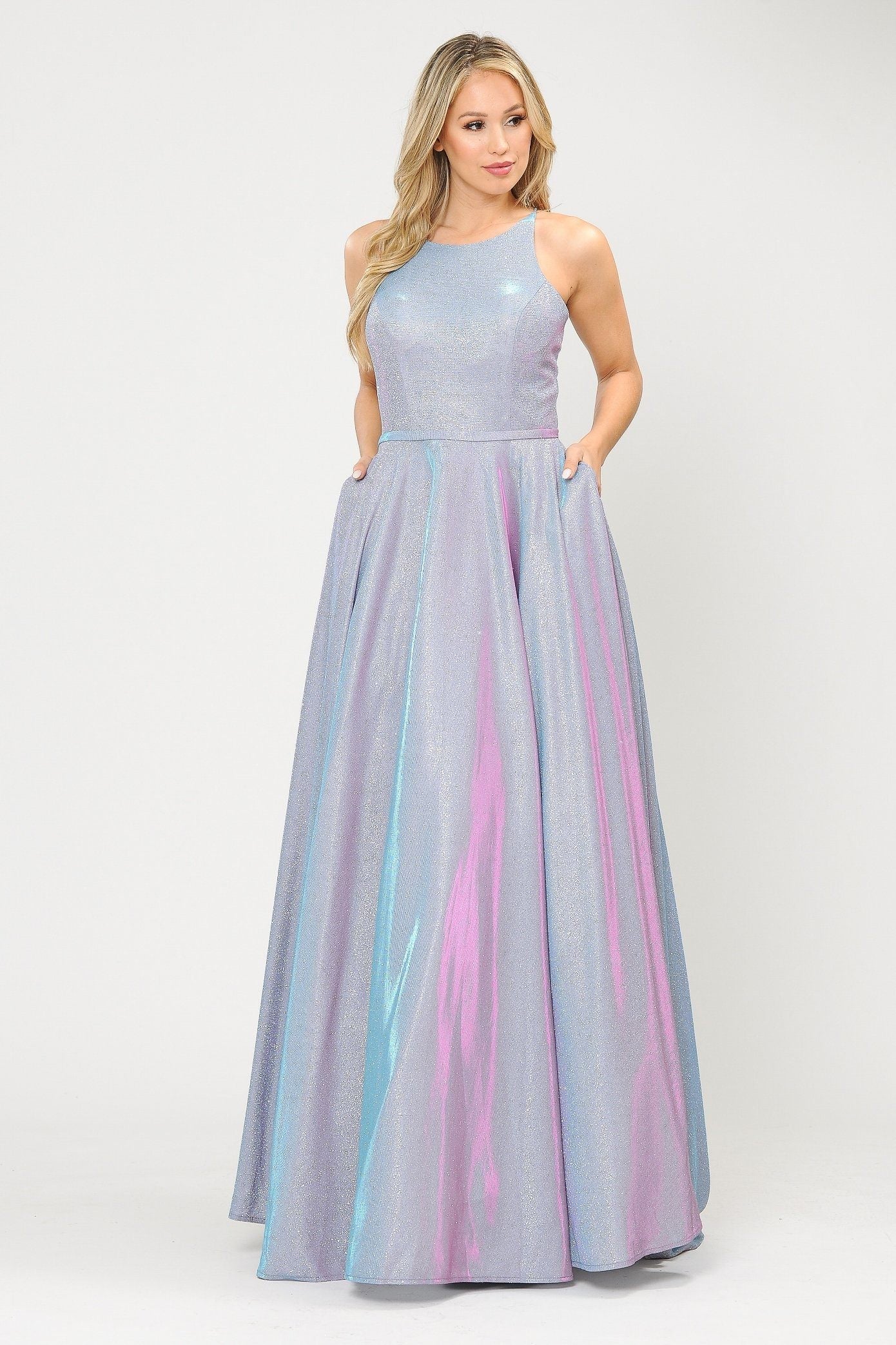 Vestido largo de corte A con purpurina y espalda de corsé de Poly USA 8436