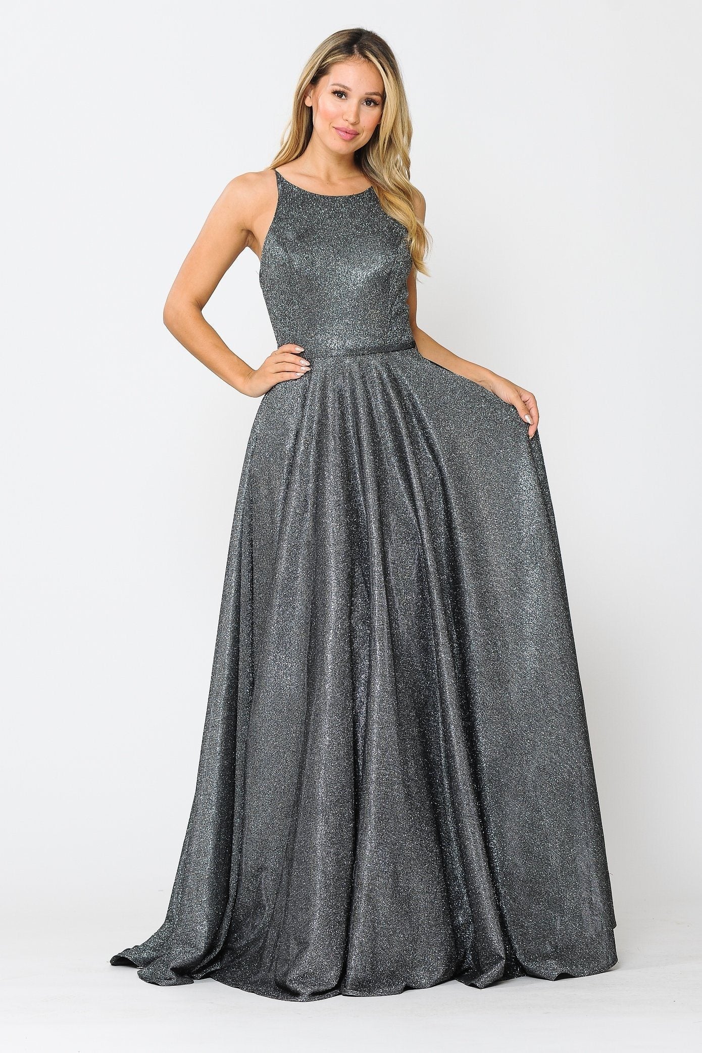 Vestido largo de corte A con purpurina y espalda de corsé de Poly USA 8436