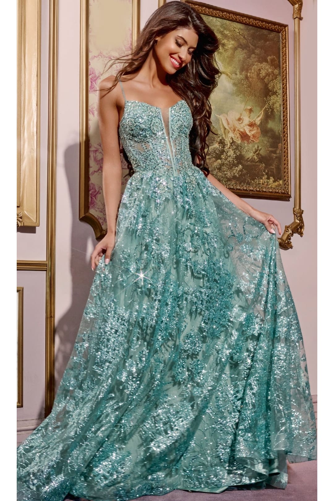 Long A-Line Glitter Prom Dress: Jovani 42199 - Sage / Prom