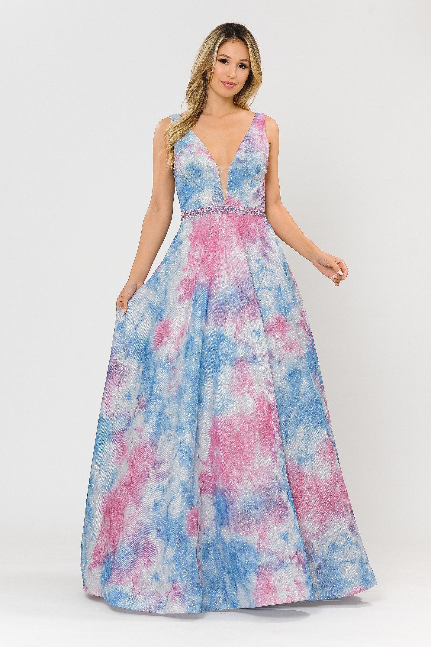 Vestido formal largo de corte A con efecto tie-dye y purpurina de Poly USA 8346