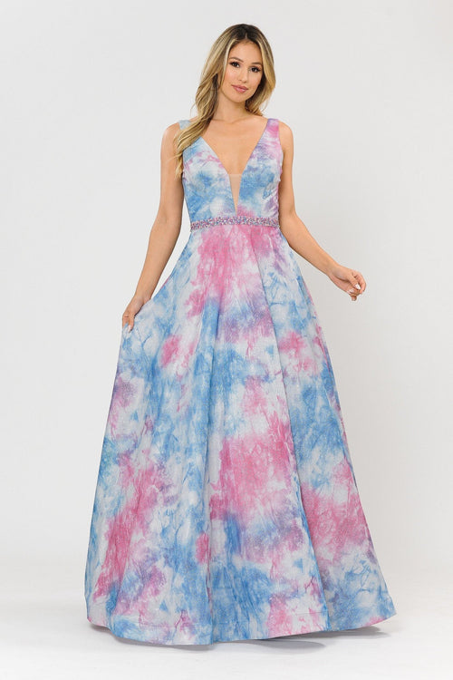 Poly USA 8346 Long A-line Glitter Tie Dye Formal Dress