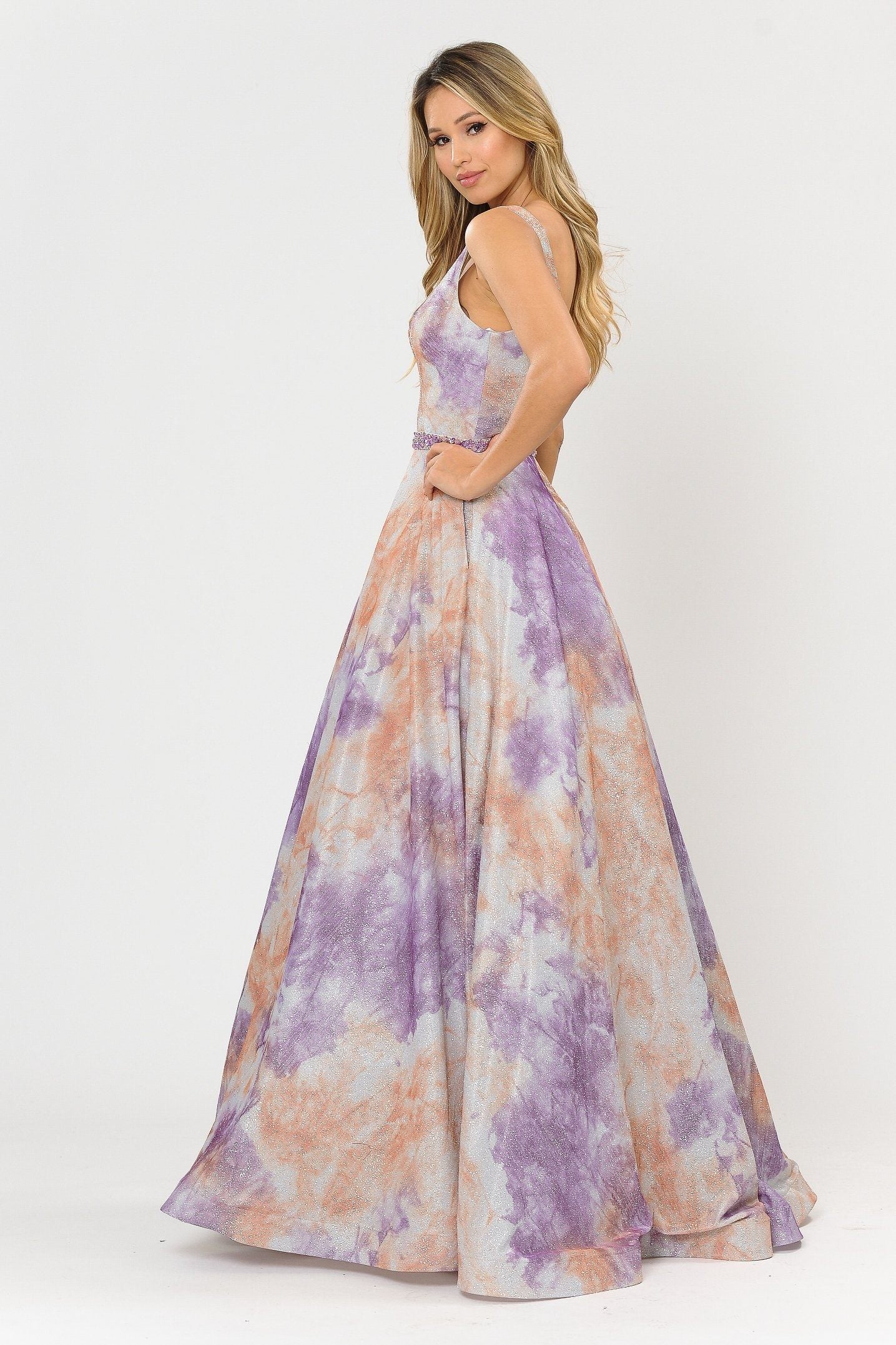 Vestido formal largo de corte A con efecto tie-dye y purpurina de Poly USA 8346