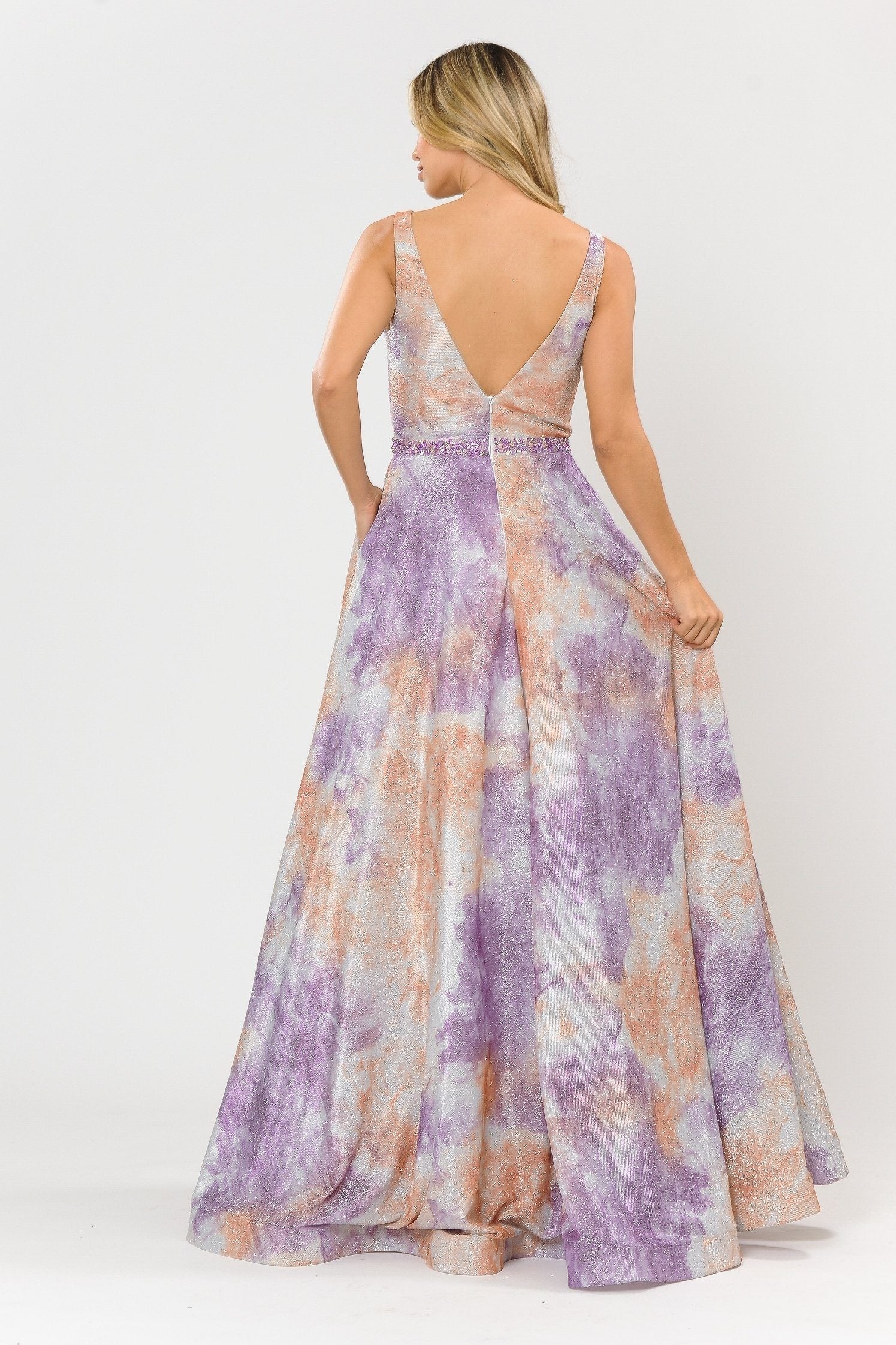 Vestido formal largo de corte A con efecto tie-dye y purpurina de Poly USA 8346