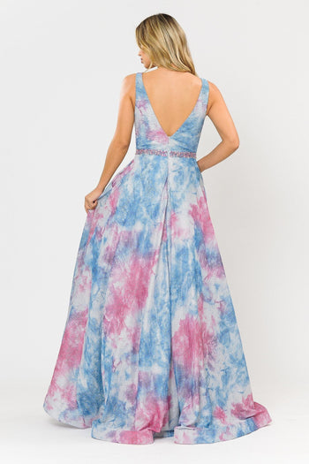 Vestido formal largo de corte A con efecto tie-dye y purpurina de Poly USA 8346