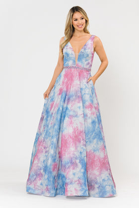 Poly USA 8346 Long A-line Glitter Tie Dye Formal Dress