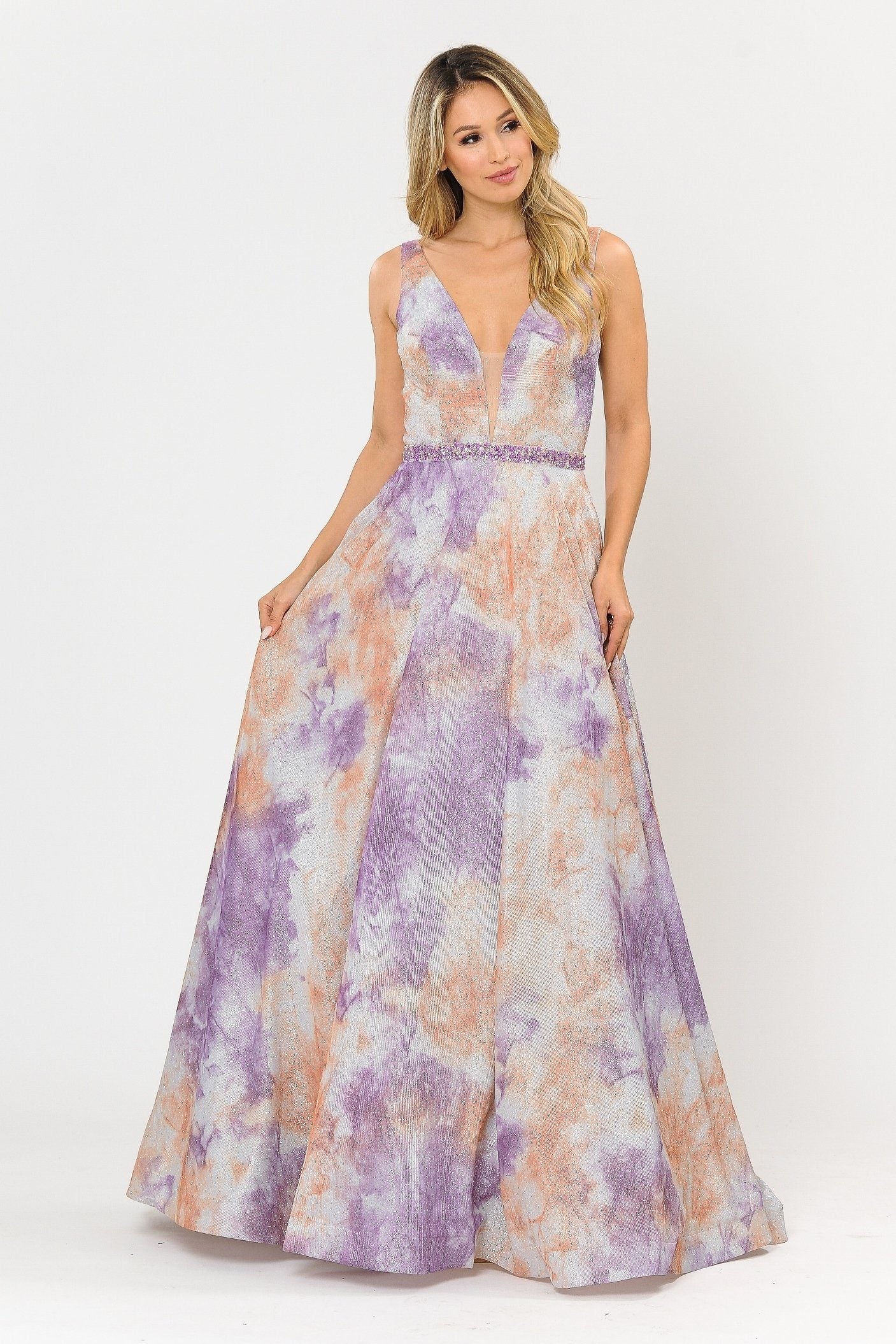 Vestido formal largo de corte A con efecto tie-dye y purpurina de Poly USA 8346