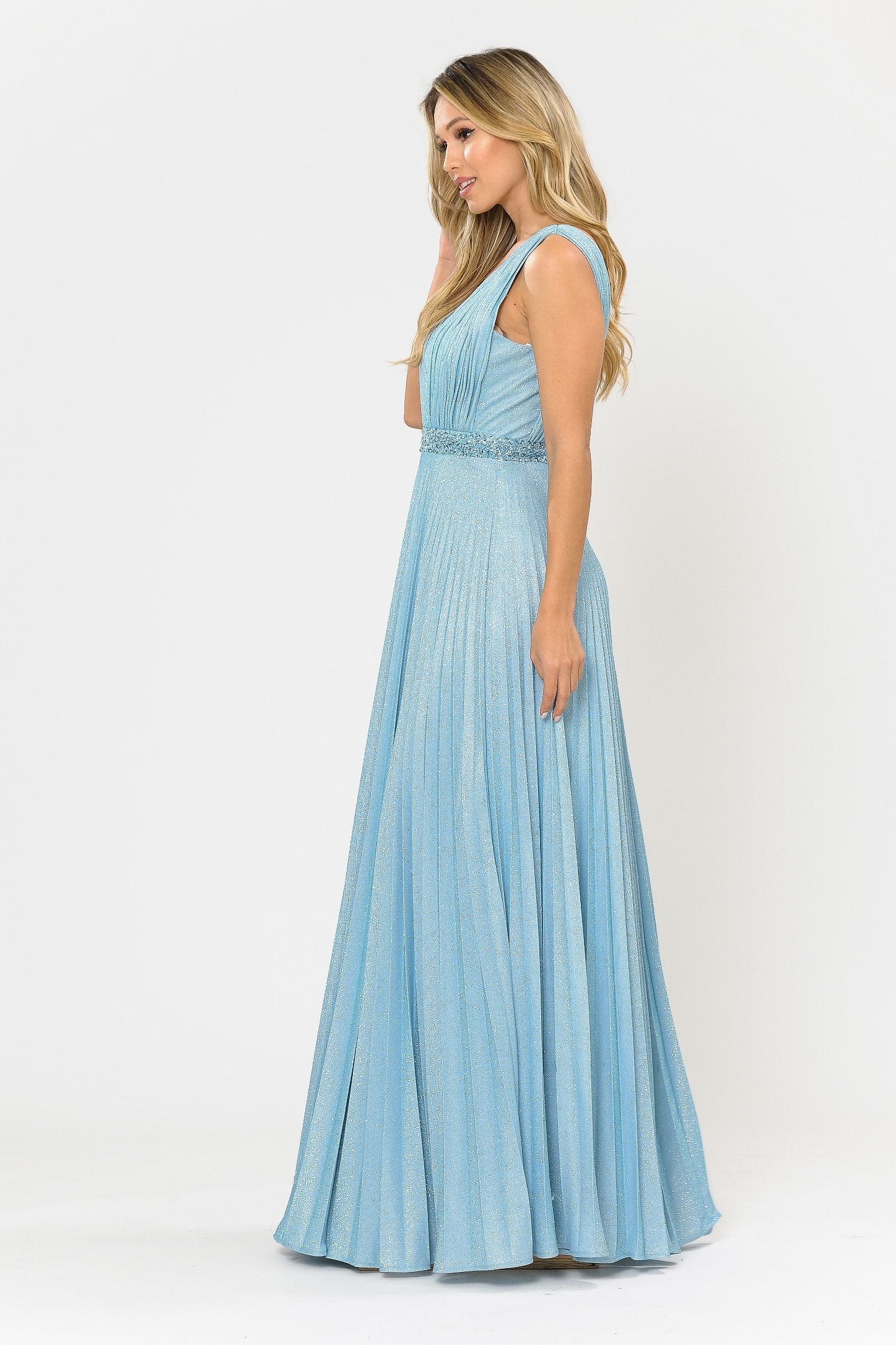 Poly USA 8600 Long A-line Ruched Metallic Glitter Dress