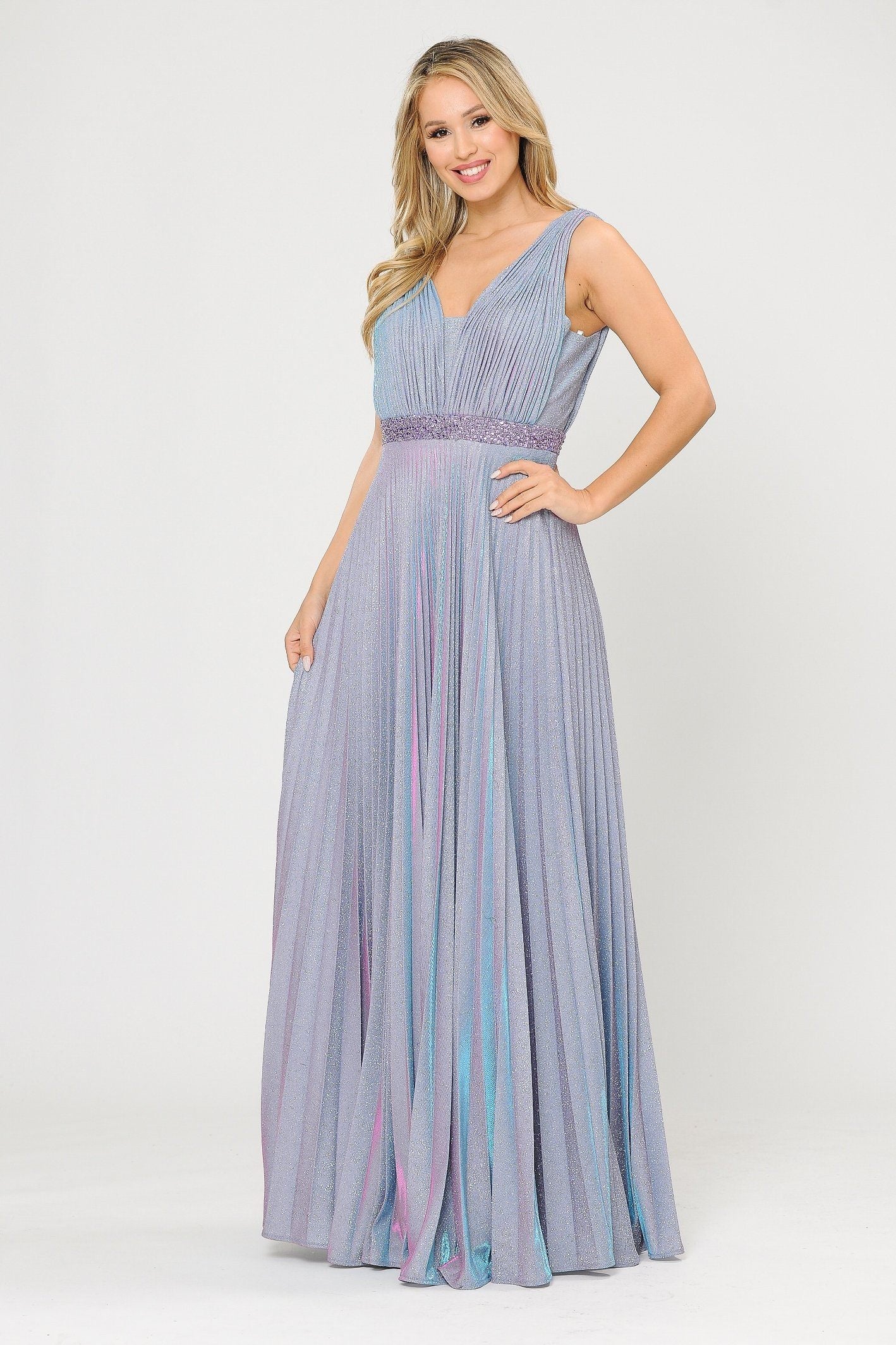 Poly USA 8600 Long A-line Ruched Metallic Glitter Dress