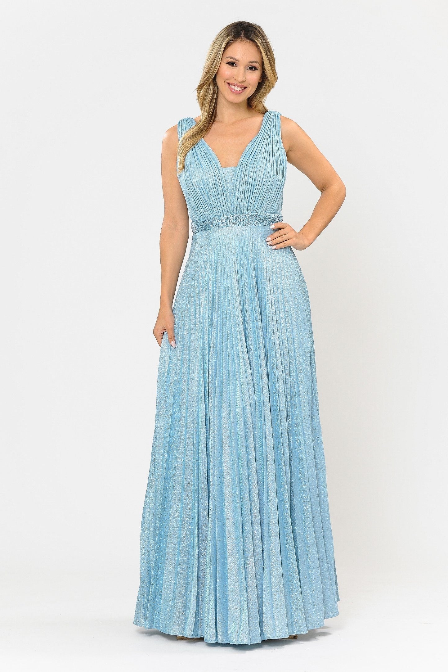 Poly USA 8600 Long A-line Ruched Metallic Glitter Dress