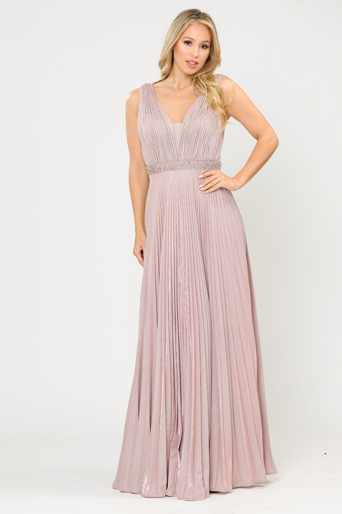 metallic shimmer dress Poly USA 8600 Long A-line Ruched Metallic Glitter Dress