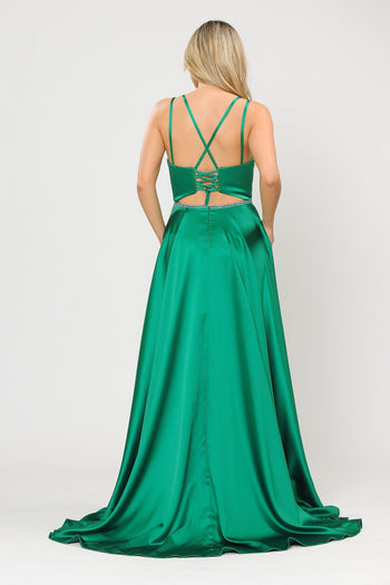 Vestido largo de satén con corte en A y espalda de corsé de Poly USA 8652