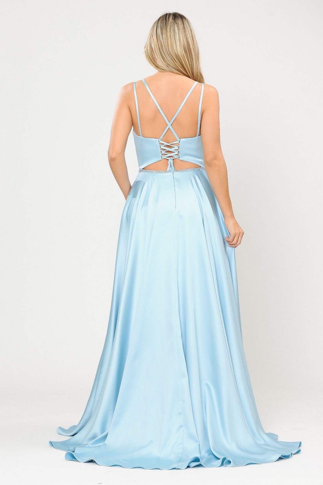 Vestido largo de satén con corte en A y espalda de corsé de Poly USA 8652